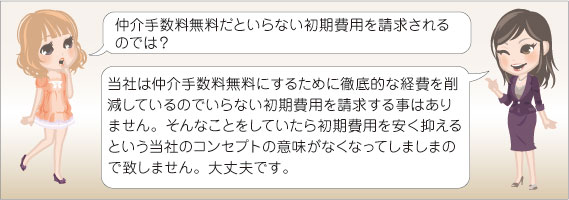 仲介手数料無料だといらない初期費用を請求されるのでは？⇒当社は仲介手数料無料にするために徹底的に経費を削減しているので、いらない初期費用を請求する事はありません