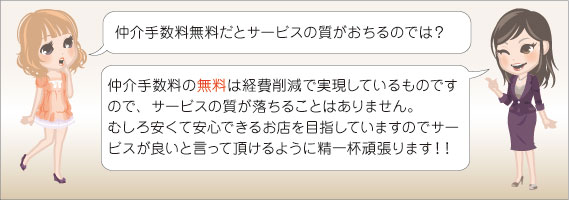 仲介手数料無料だと、サービスの質が落ちるのでは？⇒仲介手数料無料は経費削減で実現しているものですのでご安心ください。